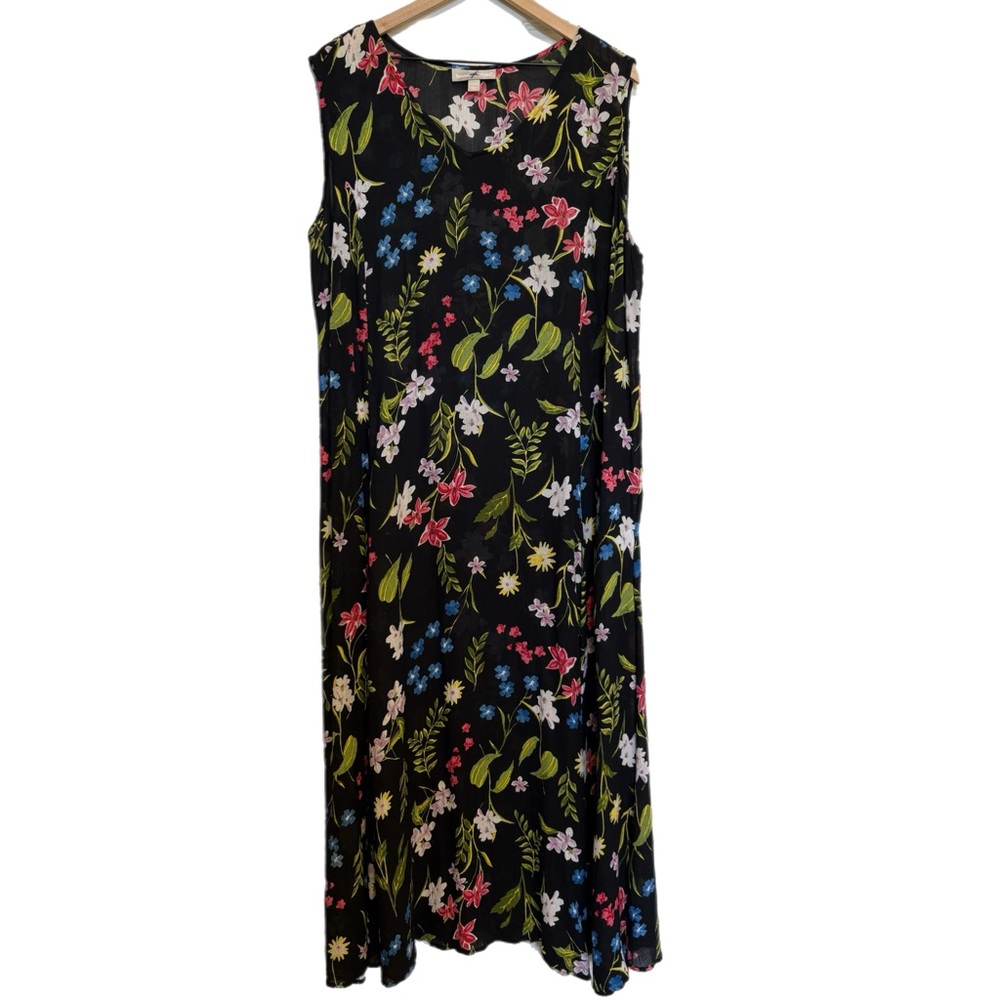 WOMEN WITHIN 100% Rayon Black Floral Maxi Dress with Pink, Blue, Green, White